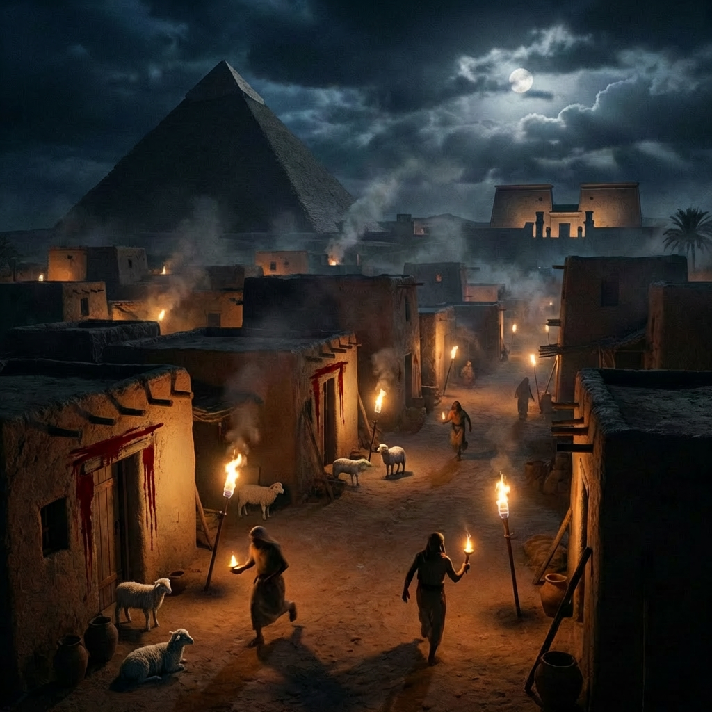 People carrying torches past Egyptian houses marked with red crosses under a full moon.