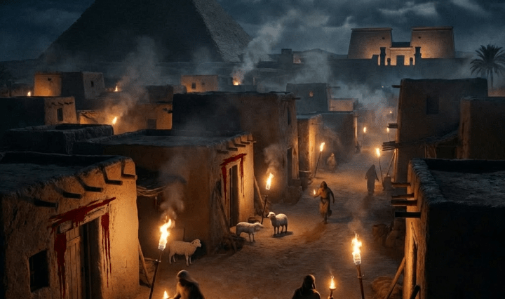 People carrying torches past Egyptian houses marked with red crosses under a full moon.