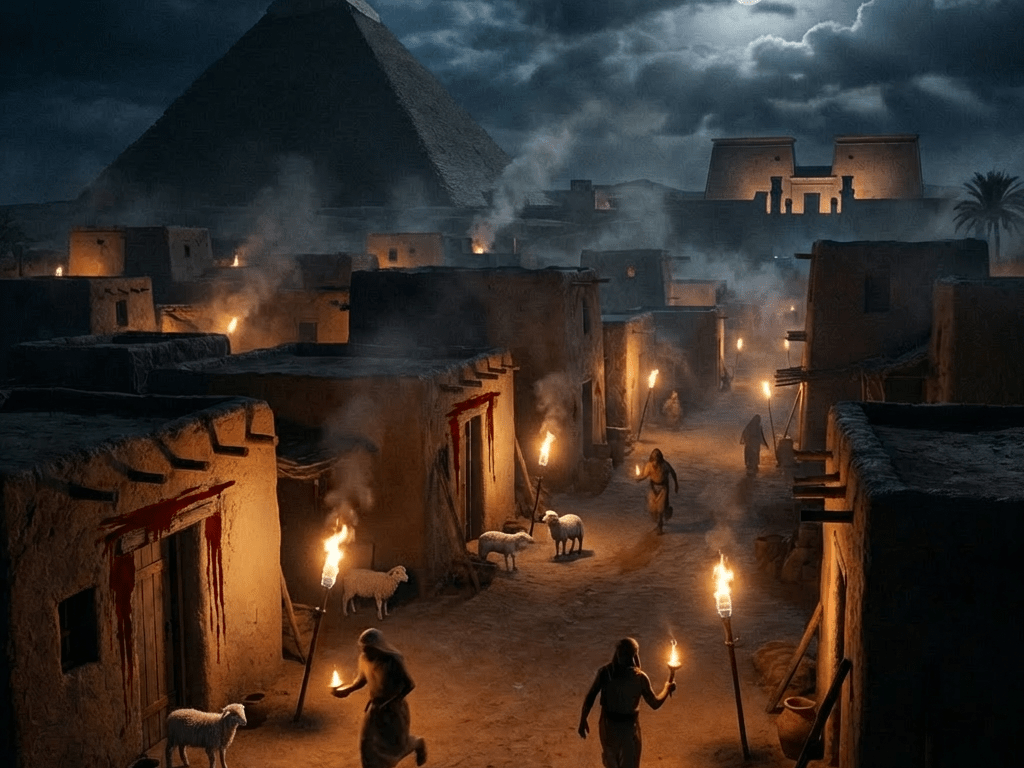 People carrying torches past Egyptian houses marked with red crosses under a full moon.