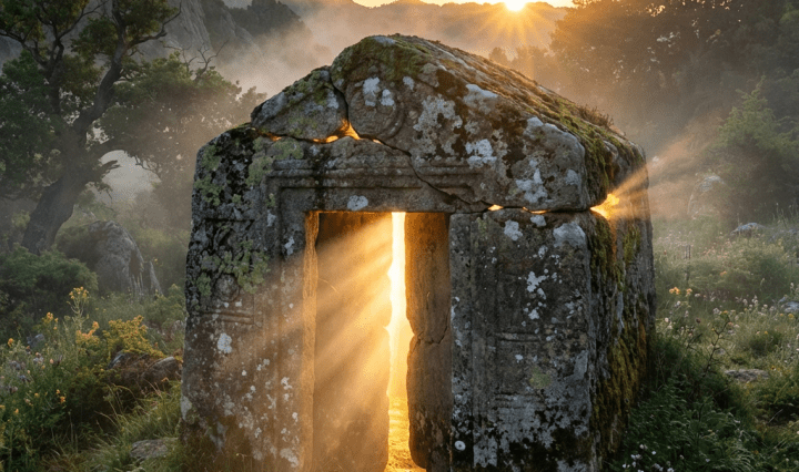 Ancient moss-covered stone tomb with sunbeams shining through the door at sunrise.