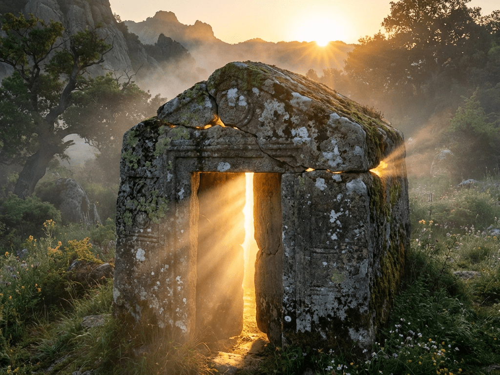 Ancient moss-covered stone tomb with sunbeams shining through the door at sunrise.