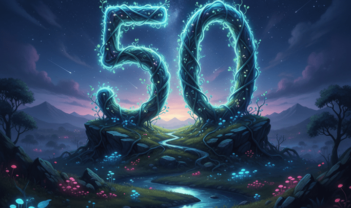 Glowing number 50 formed by vines on rocky hills under a starry night sky with shooting stars