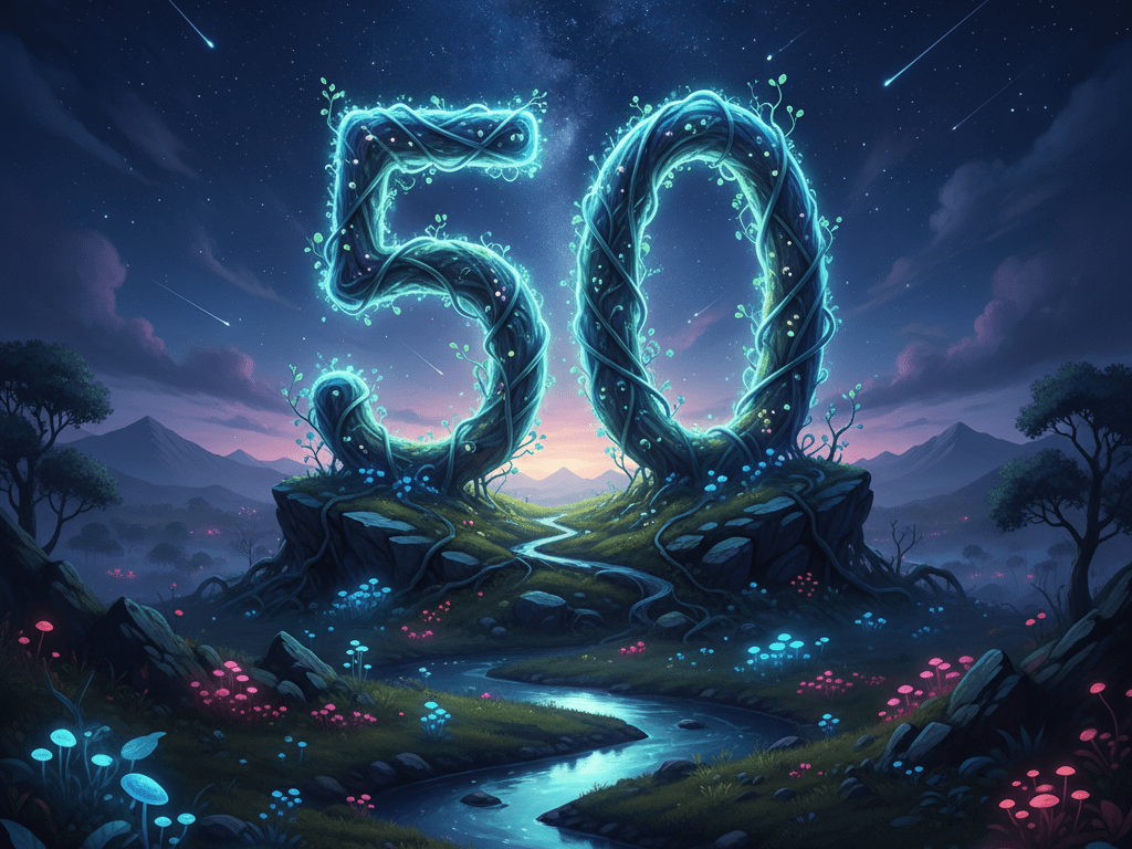 Glowing number 50 formed by vines on rocky hills under a starry night sky with shooting stars