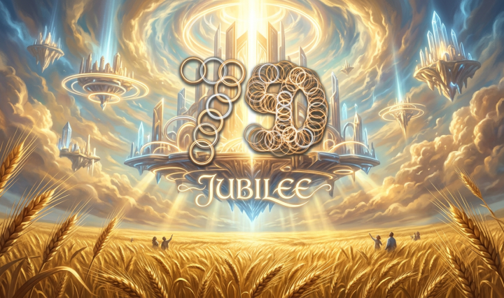 Floating golden city with '79 Jubilee' text above wheat field under sky with clouds and light beams
