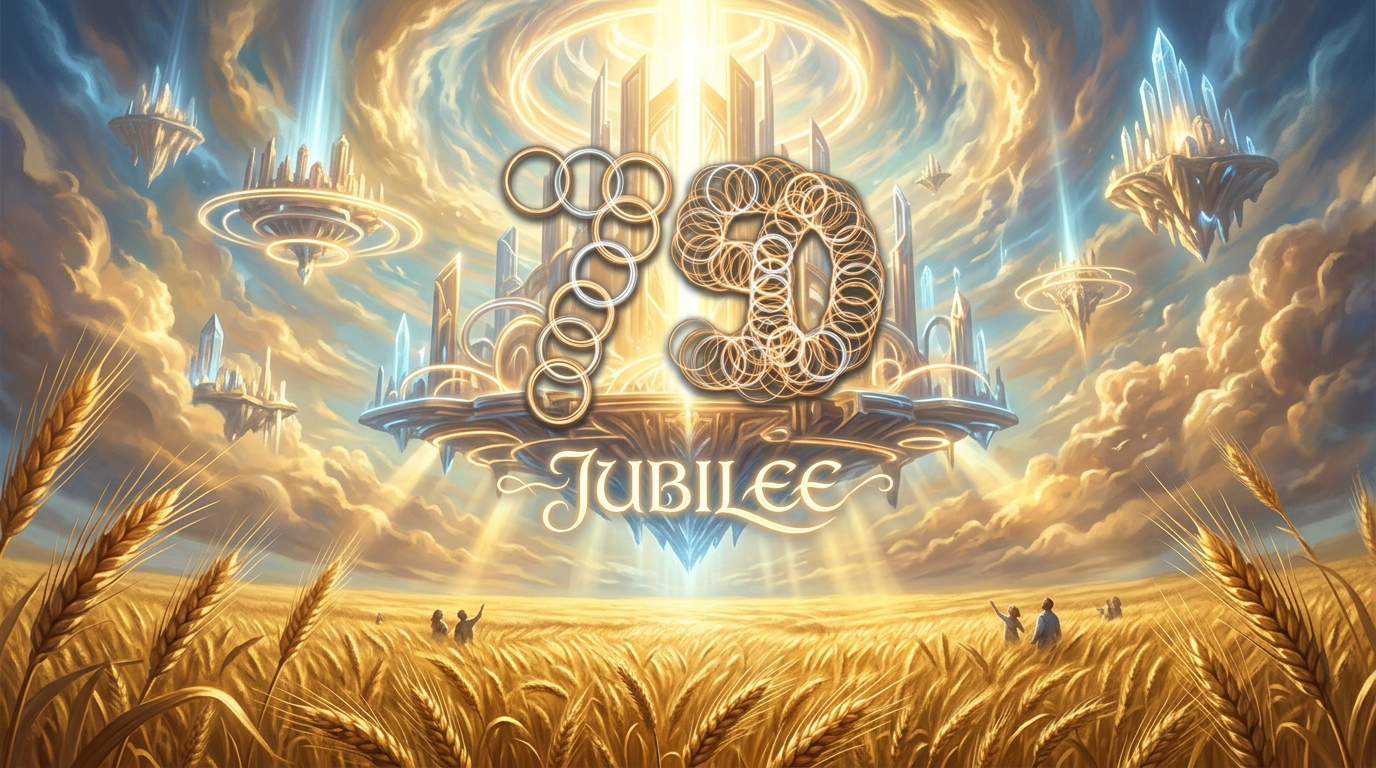 Floating golden city with '79 Jubilee' text above wheat field under sky with clouds and light beams