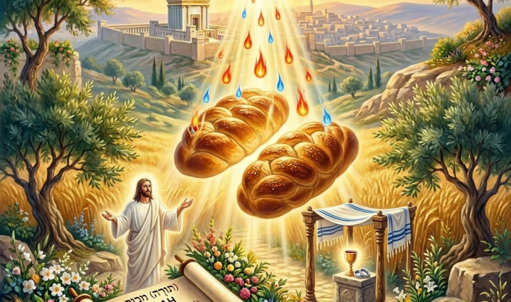 Two braided loaves of bread lifted by beams of light with drops of fire and water, scroll with Torah and Shavuot text, figure of Jesus, ancient city in background