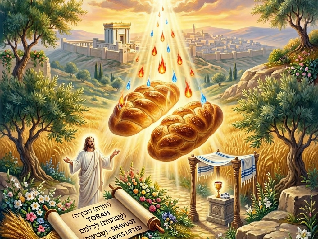 Two braided loaves of bread lifted by beams of light with drops of fire and water, scroll with Torah and Shavuot text, figure of Jesus, ancient city in background