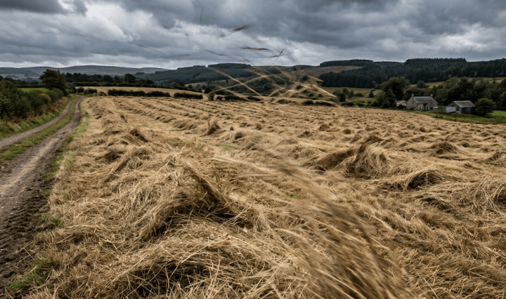 Harvested wheat field with bundles spread out beneath dark, stormy clouds