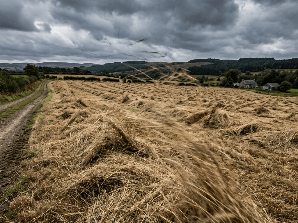 Harvested wheat field with bundles spread out beneath dark, stormy clouds