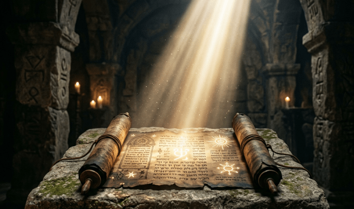 Ancient scroll with mystical symbols on stone altar under a light beam in a dark temple