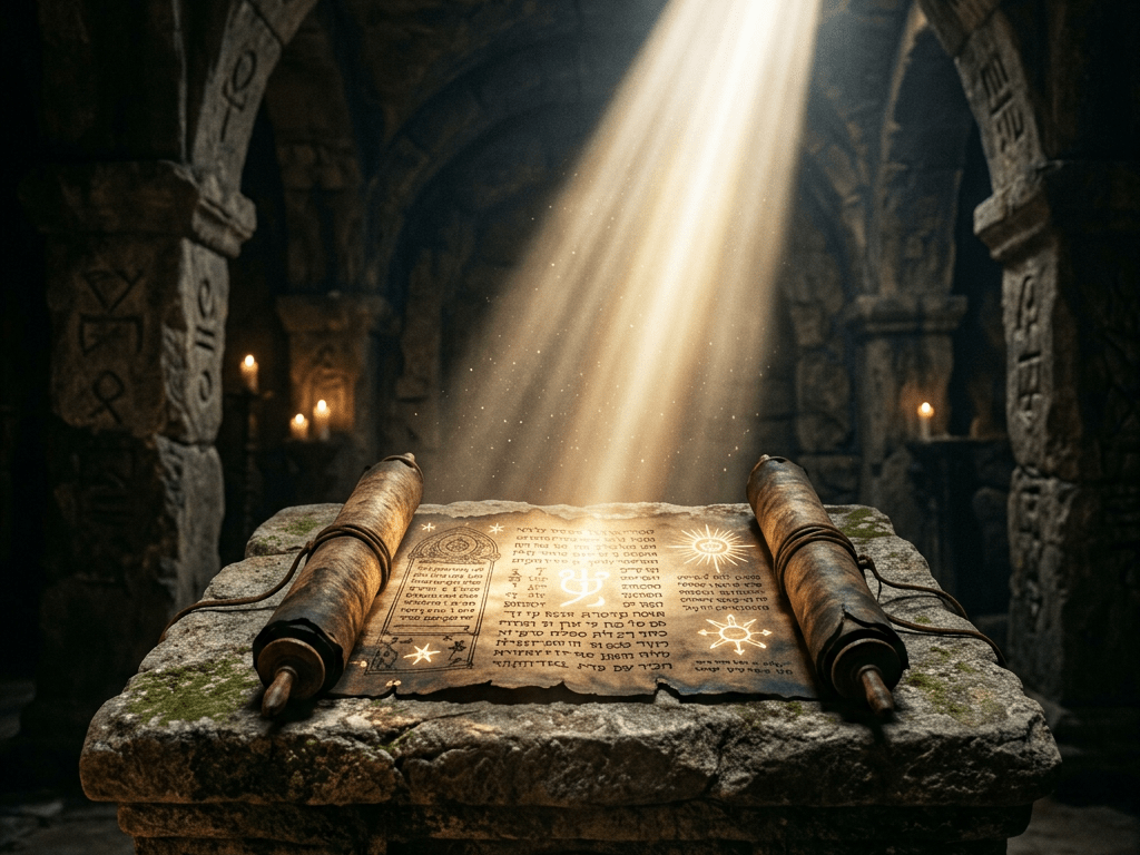 Ancient scroll with mystical symbols on stone altar under a light beam in a dark temple