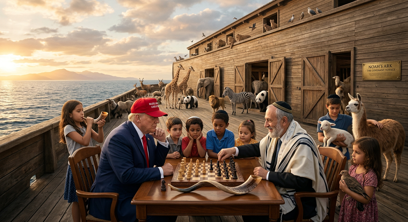 Two men playing chess at a table on a wooden ark with children and various animals