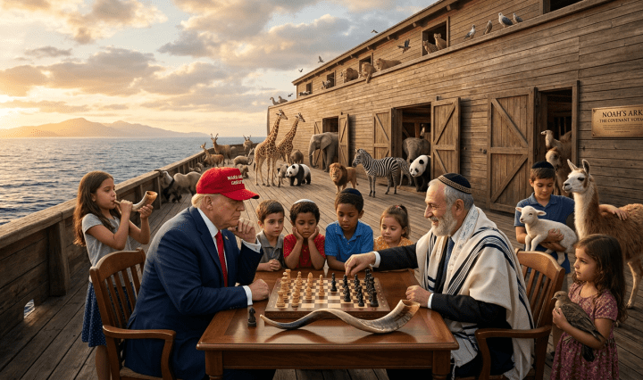 Two men playing chess at a table on a wooden ark with children and various animals