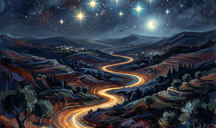 Glowing winding road through a moonlit mountain valley beneath a star-filled sky
