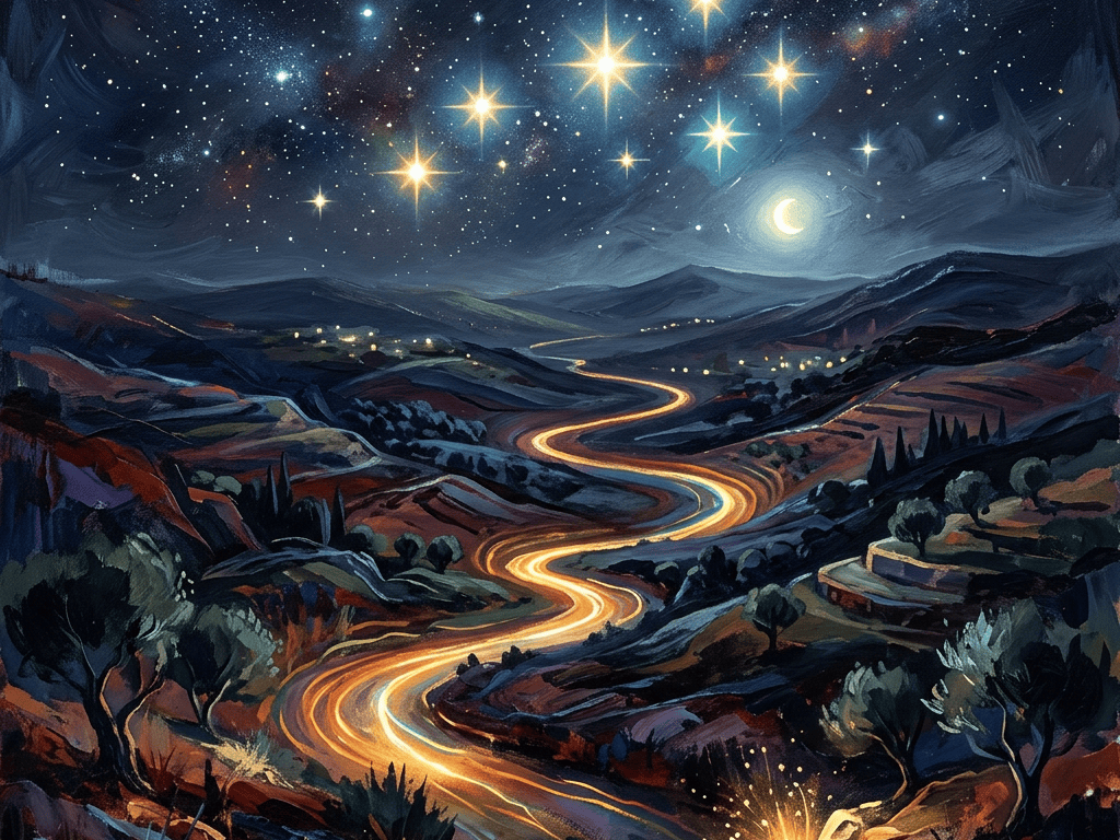 Glowing winding road through a moonlit mountain valley beneath a star-filled sky
