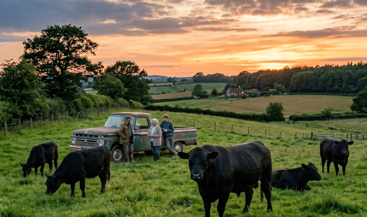 Brown-and-white cattle grazing in a green pasture at sunset