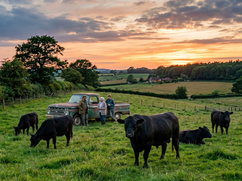 Brown-and-white cattle grazing in a green pasture at sunset