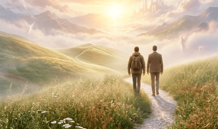 Two hikers walking along a winding trail through grassy hills at sunset