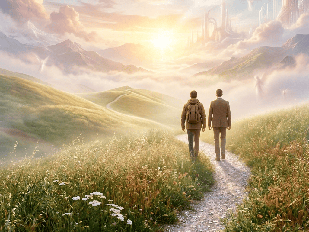 Two hikers walking along a winding trail through grassy hills at sunset