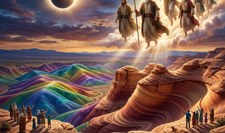 Solar eclipse, robed biblical figures, worshippers, colorful desert, and banner reading “2050 SOLAR ECLIPSE – 28 IYYAR – CELEBRATING THE KING OF KINGS MILLENNIAL RULE.”
