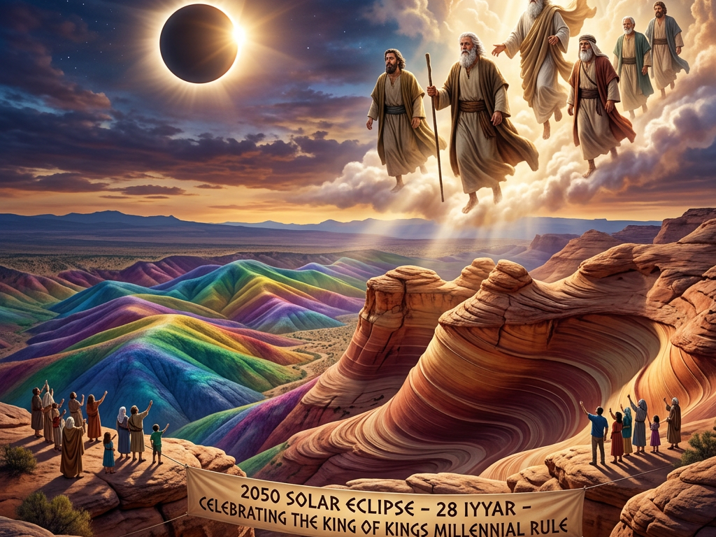Solar eclipse, robed biblical figures, worshippers, colorful desert, and banner reading “2050 SOLAR ECLIPSE – 28 IYYAR – CELEBRATING THE KING OF KINGS MILLENNIAL RULE.”