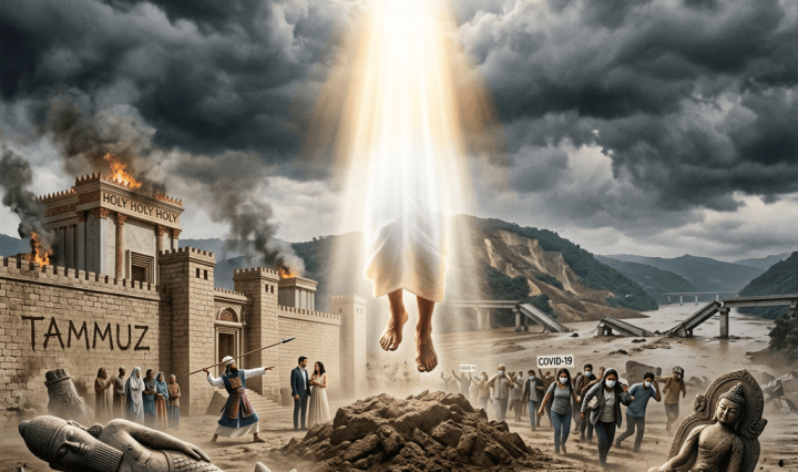 Apocalyptic scene with TAMMUZ, HOLY HOLY HOLY, and COVID-19 text