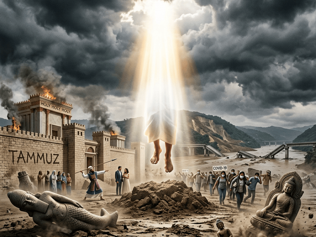 Apocalyptic scene with TAMMUZ, HOLY HOLY HOLY, and COVID-19 text